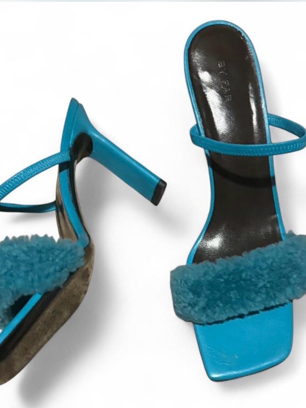$468 By Far Ada Azur Shearling Strap Heeled Sandals - Women Sz 10